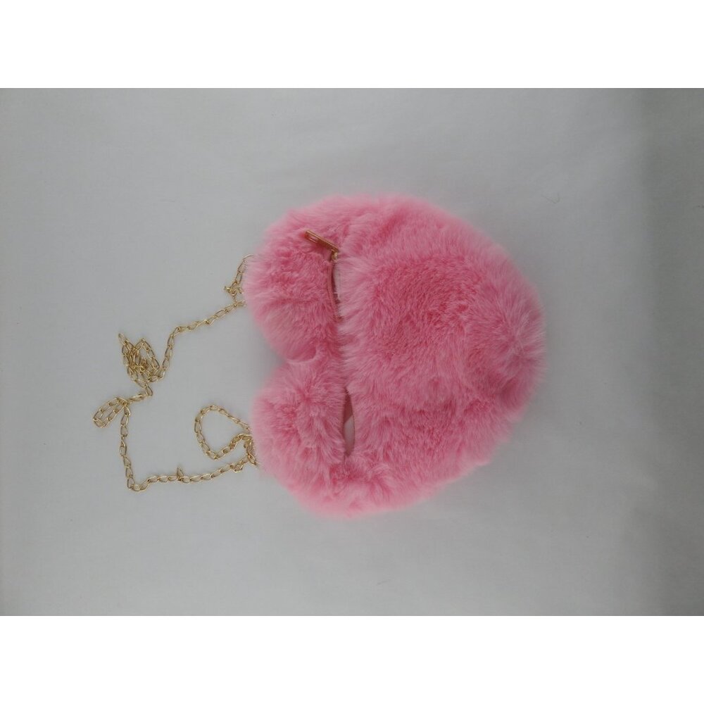 Pink Faux Fur Heart Purse Crossbody Bag Gold Chain Zipper Closure Valentines - Picture 2 of 4